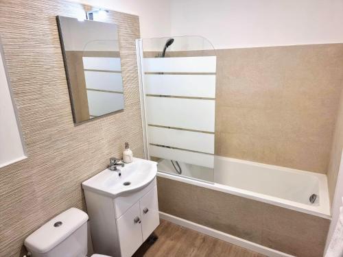 a bathroom with a toilet and a sink and a tub at Casa Pavel in Porumbacu de Sus