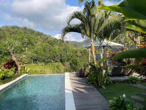 uma piscina num resort com uma palmeira em The Sidemen Villa em Sidemen