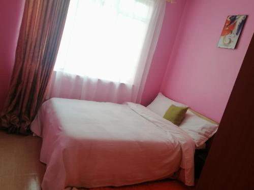 sypialnia z białym łóżkiem i oknem w obiekcie FABELLA ACCOMODATION w mieście Machakos