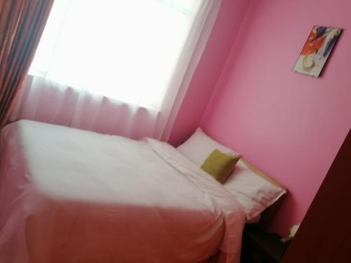 Cama pequeña en habitación rosa con ventana en FABELLA ACCOMODATION en Machakos