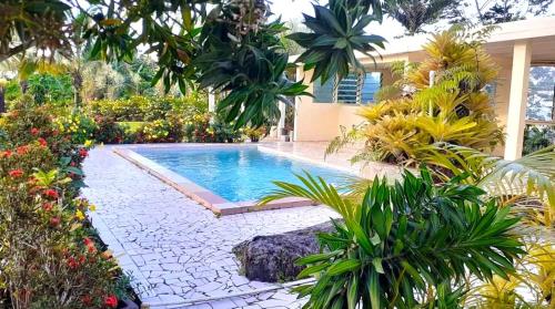 a swimming pool in the middle of a garden at Dave Parker Eco Lodge Hotel in Apia