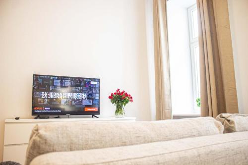 sala de estar con sofá y TV en Przytulne mieszkanie w Centrum en Varsovia