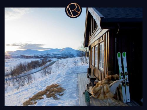 un grand chien assis sur une terrasse couverte d'une maison avec des skis dans l'établissement Hemsen, à Grøndalen
