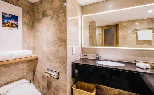 上海的住宿－上海五角场大柏树亚朵酒店，一间带水槽、卫生间和镜子的浴室