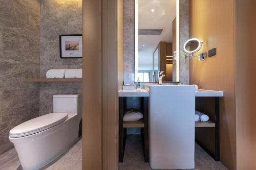 a bathroom with a toilet and a sink and a mirror at Atour S Hotel Zhuhai Gongbei Port NetEase Selected in Zhuhai