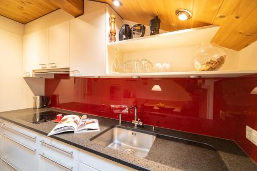 eine Küche mit einem Waschbecken und einer roten Wand in der Unterkunft Chasa Rontsch Madlaina in Scuol