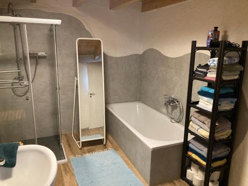 a bathroom with a shower and a tub and a sink at Ferienhaus "Spatzennest" Eifel Gerolstein Hunde ok in Oberbettingen
