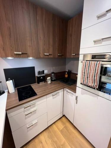 une cuisine avec des appareils électroménagers blancs et des armoires en bois dans l'établissement L'Ecrin: Appartement de charme en cœur historique, à Dijon