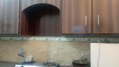 a kitchen with wooden cabinets and a counter top at Super luxury apartments in Mingāora