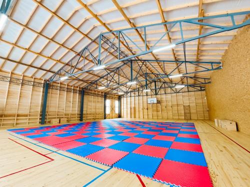 a large room with a colorful floor in a building at Парк-готель Там, де гори... in Vyzhnytsya