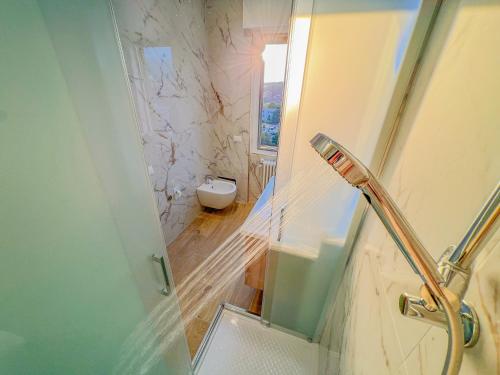 a bathroom with a shower with a glass door at Attici Alba e Tramonto Ospedale e Vista in Brescia