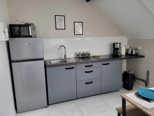 La cuisine est équipée d'un réfrigérateur et d'un évier. dans l'établissement APPARTEMENT DE GUISE 10, à Valenciennes