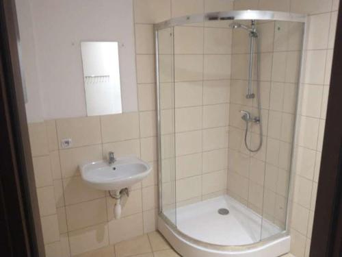 uma casa de banho com um chuveiro e um lavatório. em 8 min to Castel & Main Square na Cracóvia