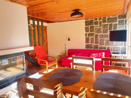 a living room with a red couch and a fireplace at Holiday Home Zhorska by Interhome in Planá nad Lužnicí