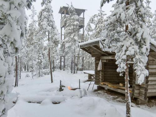 una baita di tronchi nel bosco nella neve di Holiday Home Luisku by Interhome a Punkalaidun