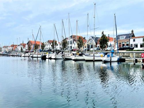 a bunch of boats docked in a marina with houses at Holiday Home Brouwershaven by Interhome in Brouwershaven