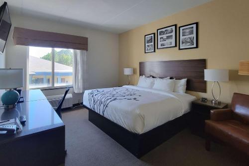 a hotel room with a large bed and a desk at Sleep Inn & Suites Panama City Beach in Panama City Beach