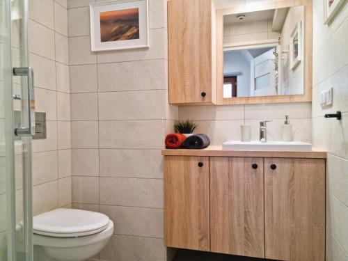 a bathroom with a toilet and a sink and a mirror at Gościniec Skorusa in Kościelisko