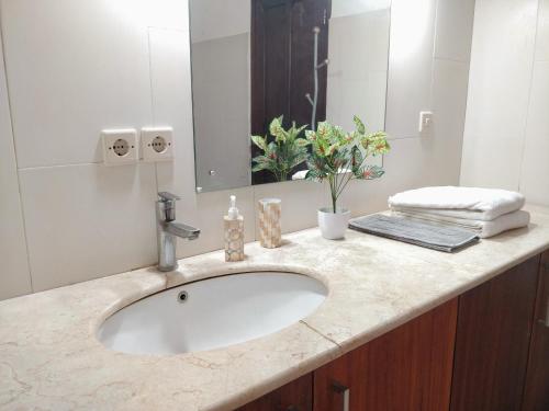 eine Badezimmertheke mit einem Waschbecken und einem Spiegel in der Unterkunft The Dharma Araminth Villa - Lovina Mountain and Sea View in Lovina