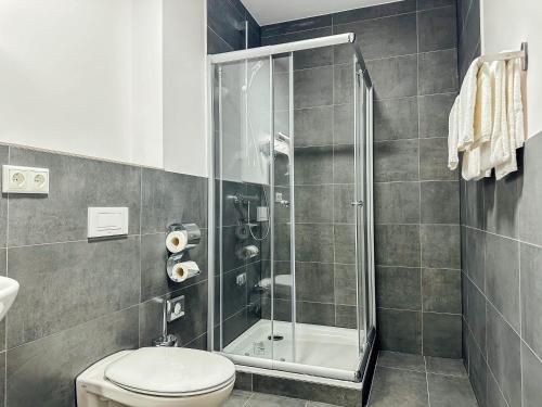 ein Bad mit einer Dusche und einem WC in der Unterkunft Hotel im Hegen in Oststeinbek