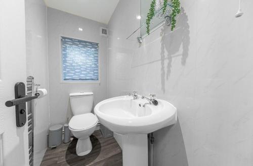 a white bathroom with a toilet and a sink at Firgarth Lodge in Windermere