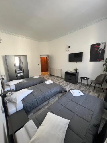 a bedroom with two beds and a flat screen tv at Pensiunea Luisa in Craiova