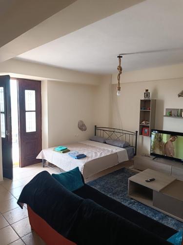 salon z łóżkiem i kanapą w obiekcie Zorbas House w mieście Dhesfína