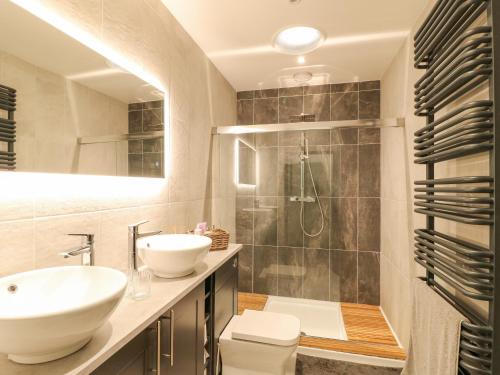 a bathroom with a toilet and a sink and a shower at Moor Farm Cottage in Chesterfield