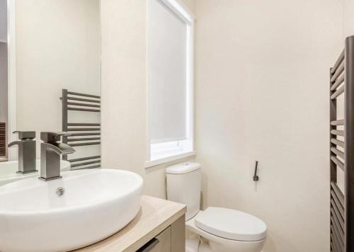 a white bathroom with a sink and a toilet at C03 - The Faraday in Bangor