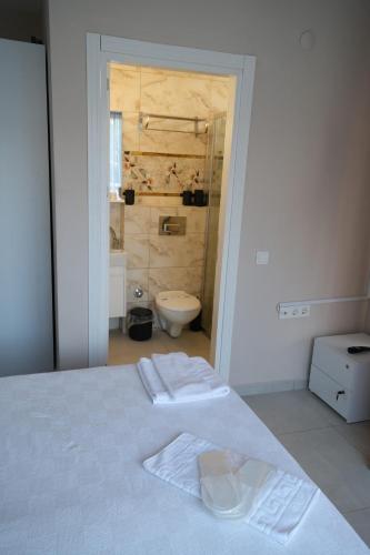 a bedroom with a bed and a bathroom with a toilet at LARA BOUTIQUE HOTEL Antalya in Lara
