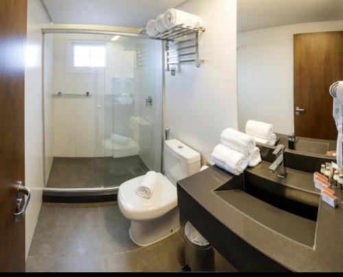 uma casa de banho com um WC e uma cabina de duche em vidro. em Hotel Laghetto Stilo Borges apt 318 em Gramado