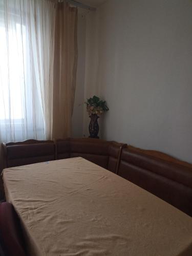 een kamer met een tafel, een bank en een raam bij Camere in regim hotelier in Calafat