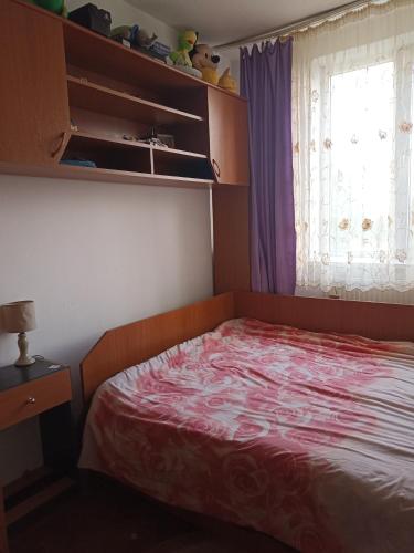 een kleine slaapkamer met een bed en een raam bij Camere in regim hotelier in Calafat