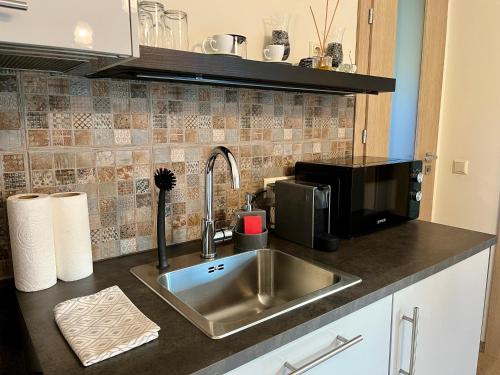 a kitchen counter with a sink and a microwave at Eden House in Druskininkai