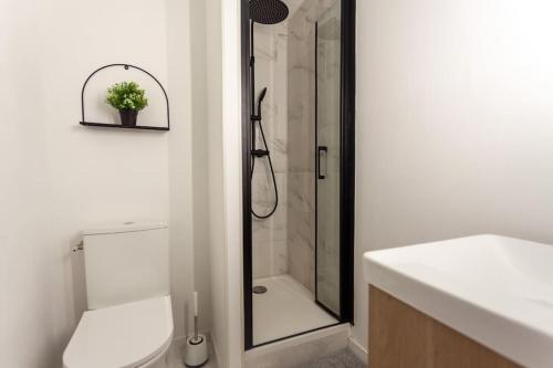 a bathroom with a shower and a toilet and a sink at Joli Studio, Esplanade Compans Caffarelli, Wifi in Toulouse