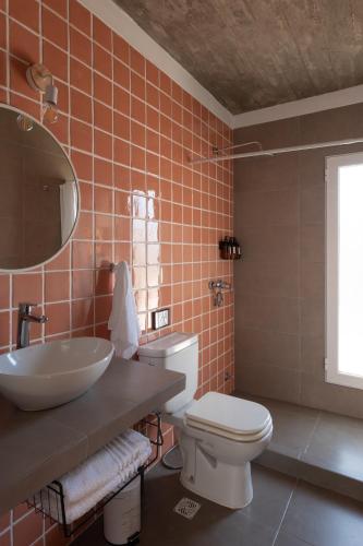 a bathroom with a toilet and a sink and a mirror at Complejo il Pensiero Punta del Diablo in Punta Del Diablo