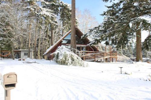 a cabin in the woods in the snow at Rustic A-Frame hot tub retreat near Deception Pass in Oak Harbor