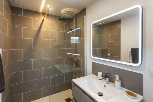 une salle de bain avec un lavabo et un miroir dans l'établissement L'hortentia T avec terrasse et salle de sport, à Amiens