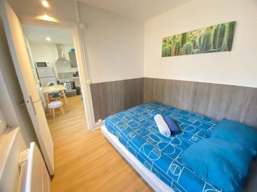 - une chambre avec un lit doté d'oreillers bleus dans l'établissement L'hortentia T avec terrasse et salle de sport, à Amiens