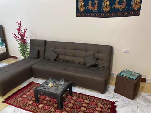 a brown couch in a living room with a table at akhnaten villa in Cairo
