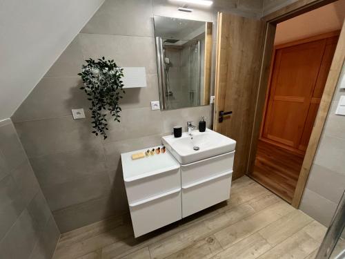 ein Badezimmer mit einem weißen Waschbecken und einem Spiegel in der Unterkunft Chalupa pod Špičákem in Smržovka