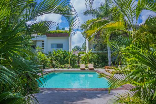 - une piscine en face d'une maison avec des palmiers dans l'établissement XscapeTulum, à Tulum