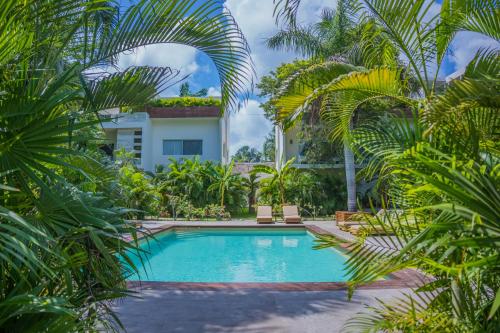 a swimming pool in front of a house with palm trees at XscapeTulum in Tulum