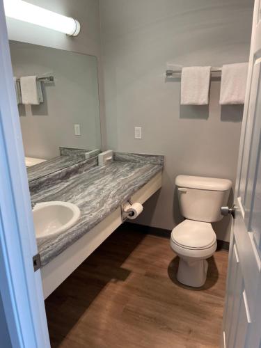 a bathroom with a sink and a toilet and a mirror at Seabird Lodge Fort Bragg in Fort Bragg