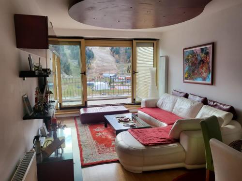 ein Wohnzimmer mit einem Sofa und einem Tisch in der Unterkunft Apartman VM in Bjelašnica