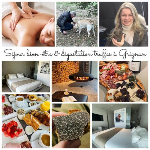 a collage of photos with a woman and a dog and food at Le Pavillon M, Piscine et Spa au pied du château, Petit-Déjeuner inclus, Parking privé in Grignan
