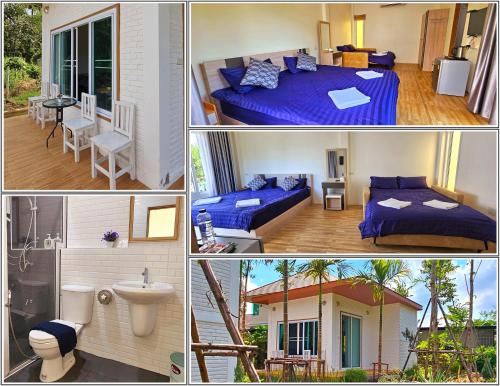 a collage of four pictures of a hotel room at HomDoiIntr Framstay ฮ่อมดอยอินทร์ ฟาร์มสเตย์ in Ban Huai Kaeo