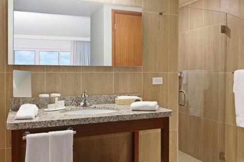 a bathroom with a sink and a shower at Courtyard by Marriott Bonaire Dive Resort in Kralendijk