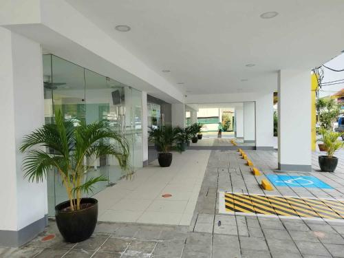 um corredor com vasos de plantas num edifício em City Nest Makati with Rooftop pool and Free Netflix em Manilla