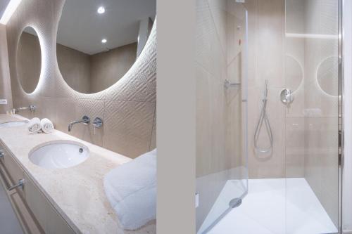 two pictures of a bathroom with a sink and a shower at Hotel Galanias in Bari Sardo